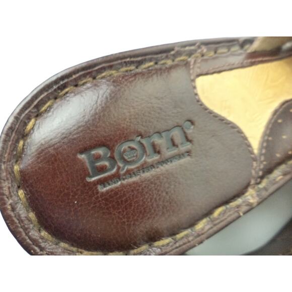 BORN 10M DARK BROWN LEATHER PLATFORM WEDGE HEEL SLIDE SANDAL SHOE - Picture 5 of 8